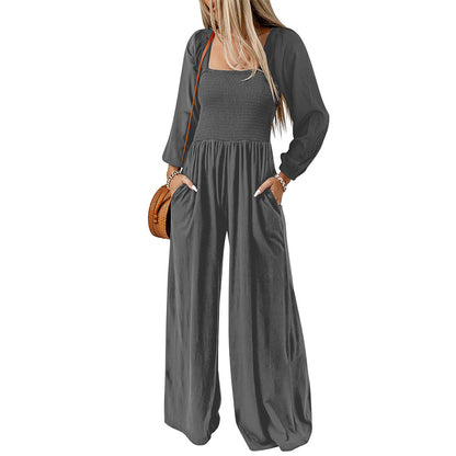 Women Fashion Casual Solid Color Square Collar Long Sleeve High Waist Wide Leg Jumpsuits