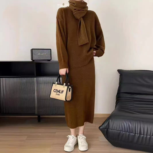 Women Fashion Casual Solid Color Knitted Scarf Long-Sleeve Sweater Loose Skirt Three-Piece Set