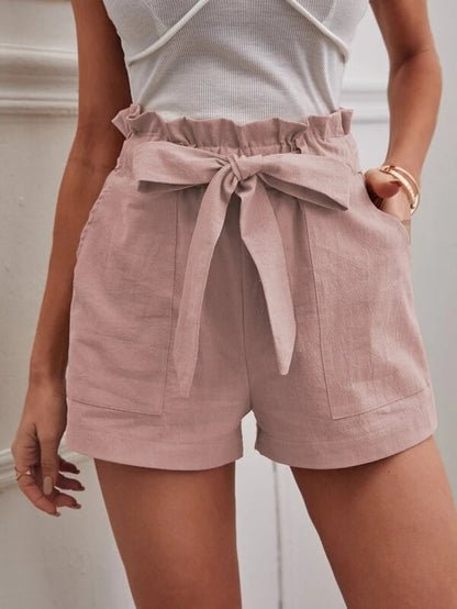 Women Casual Solid Color High Waist Bowknot Lace-Up Loose Shorts