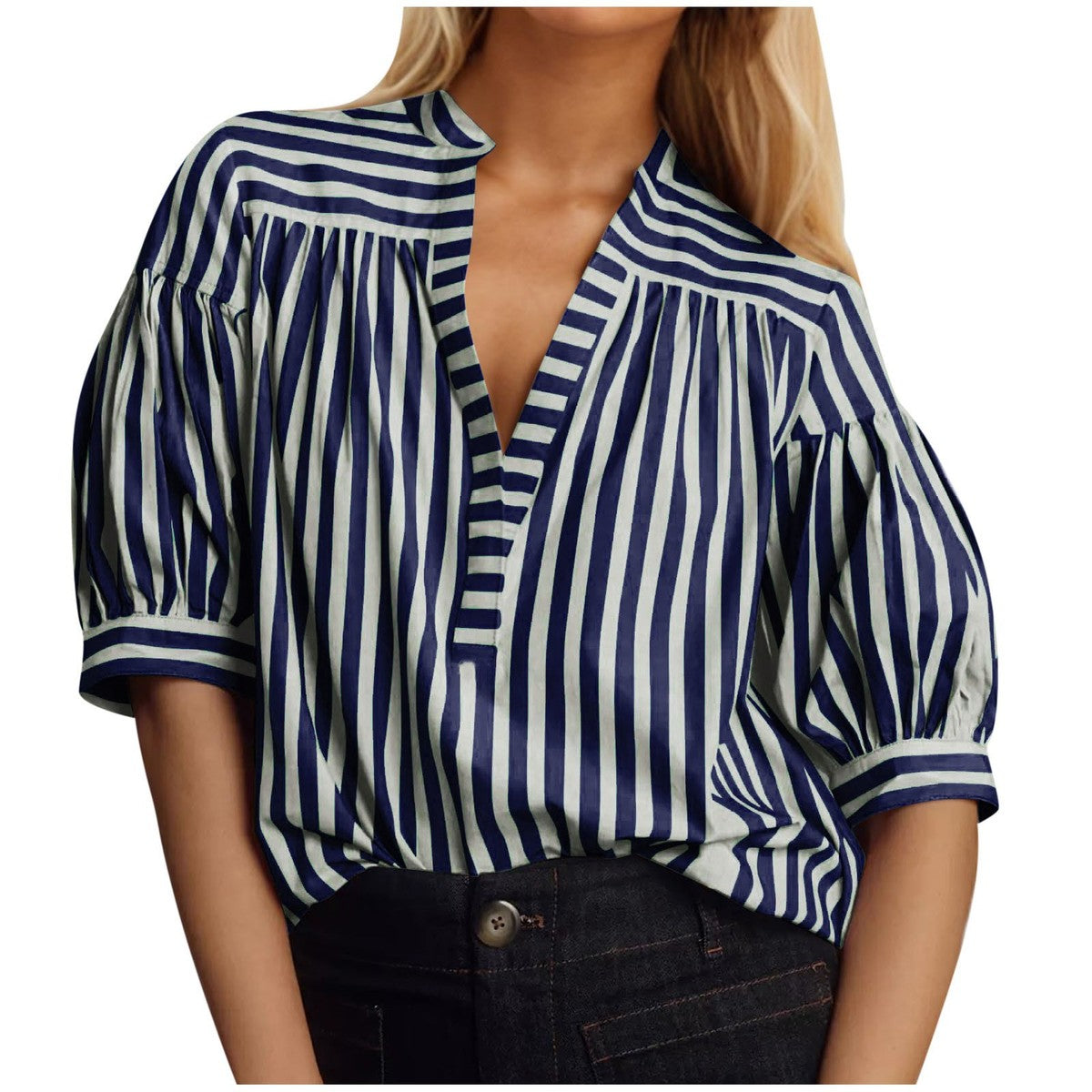 Blusa informal de manga larga con cuello en V y costuras a rayas para mujer