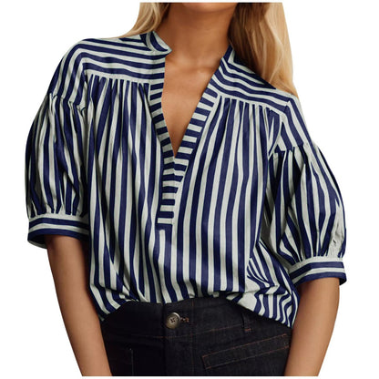 Blusa informal de manga larga con cuello en V y costuras a rayas para mujer