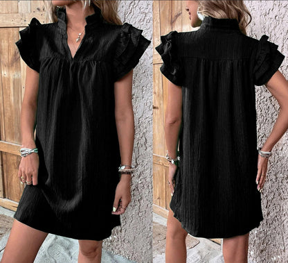 Women Fashion Casual Solid Color Multi-Layer Lotus Leaf Sleeve V-Neck Dress