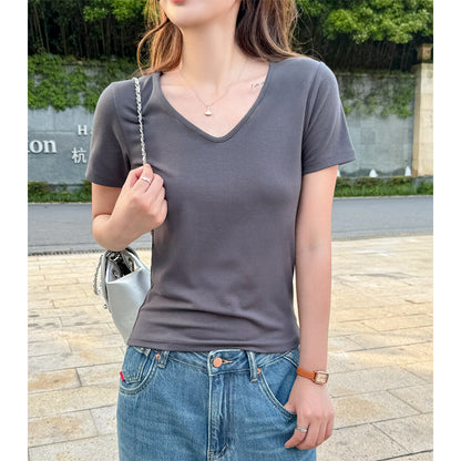 Camiseta informal de verano para mujer, color liso, cuello en V y manga corta