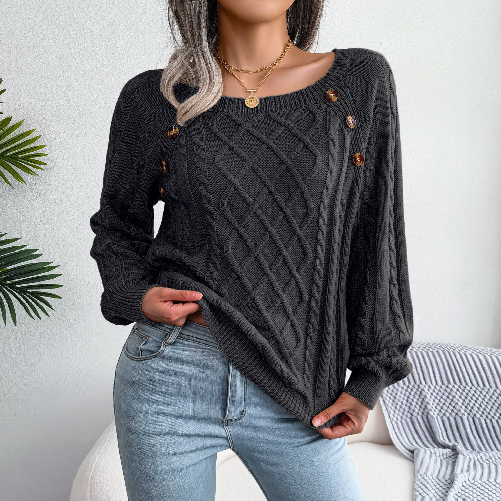 Autumn Winter Women Fashion Casual Square Collar Nail Twist Knitted Sweater