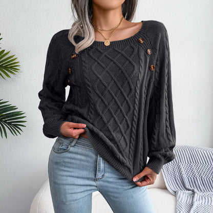 Autumn Winter Women Fashion Casual Square Collar Nail Twist Knitted Sweater