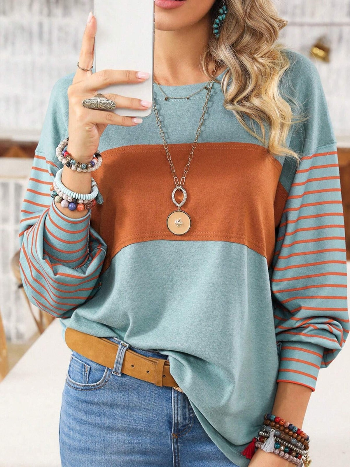 Camiseta informal de verano con estampado de rayas y cuello redondo y manga larga para mujer