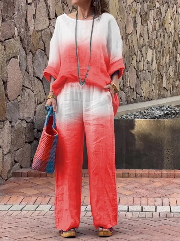 Conjunto de dos piezas de verano para mujer, informal, con degradado, manga larga, pantalones anchos y parte superior