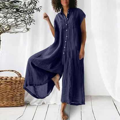 Casual Women Loose Comfortable Linen Solid Color Short Sleeve Single-Breasted Jumpsuits