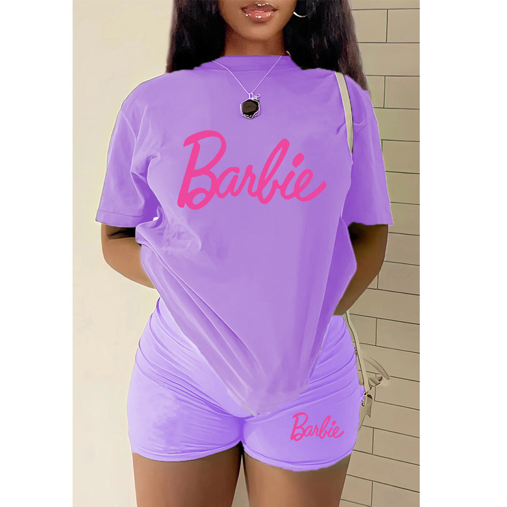 Conjunto de dos piezas con top y pantalones cortos con estampado del alfabeto de Barbie para mujer