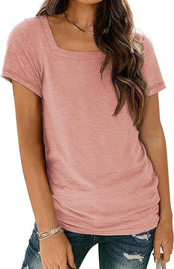 Camiseta informal de verano para mujer, con cuello cuadrado, color liso, manga corta y sin mangas