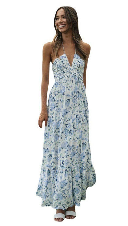 Vacation Women Casual Tiny Flower Print Backless Maxi Dress