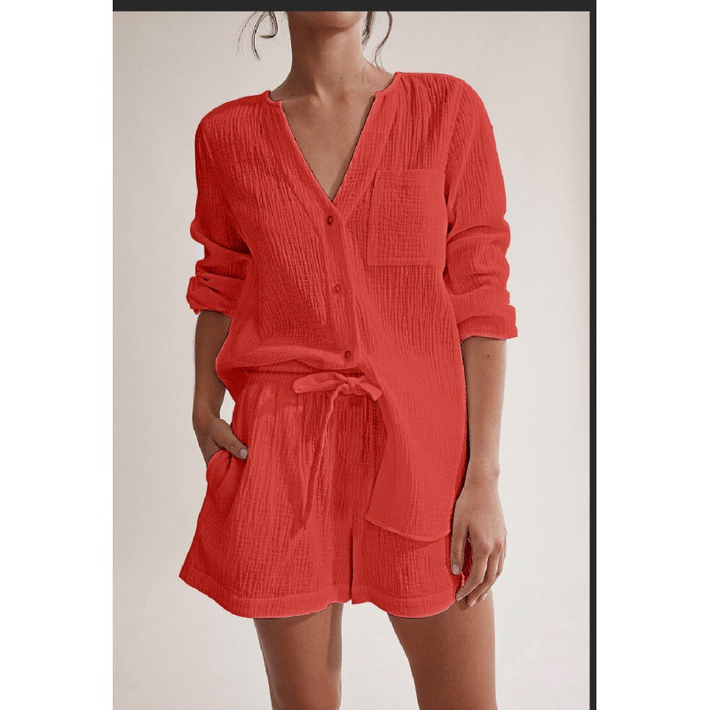 Conjunto de pijama informal de algodón de doble gasa de color liso y manga larga para mujer