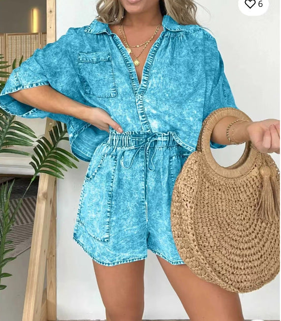Conjunto de dos piezas de pantalones cortos casuales, holgados y cómodos para mujer