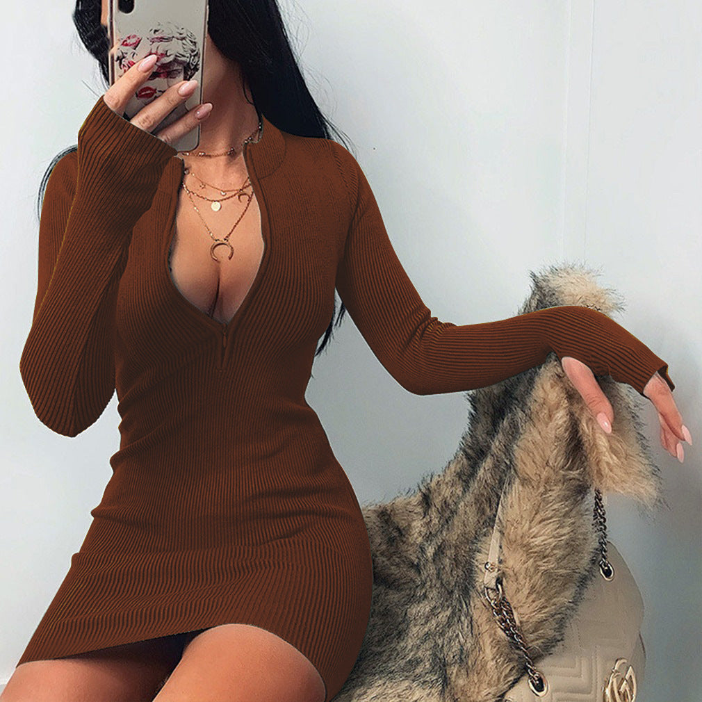 Women'S Fashion Casual Rib-Knit Zipper Slim-Fit Long Sleeve Dress