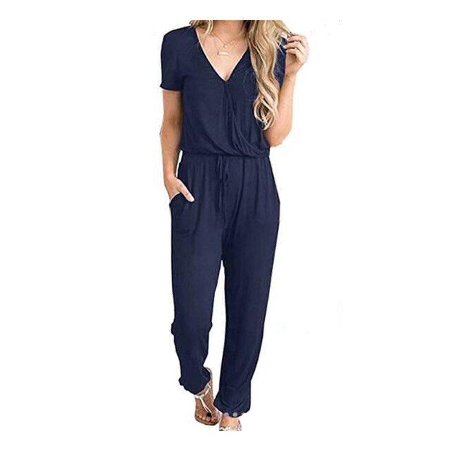 Women Casual Simple Solid Color Waist Drawstring Jumpsuits
