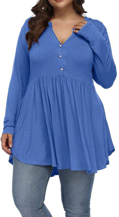 Camiseta informal de manga larga plisada con botones y escote en V de color liso para mujer, talla grande