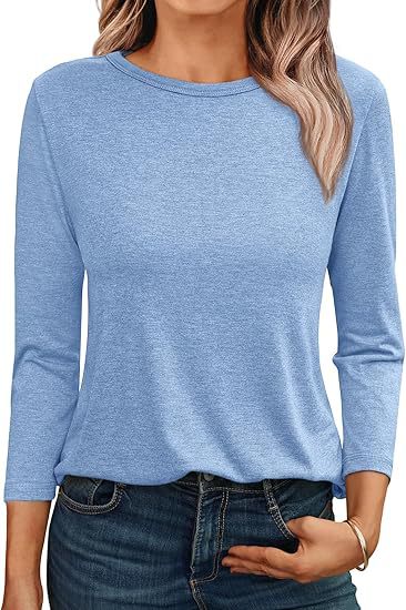 Camiseta informal holgada de manga larga con cuello redondo para mujer