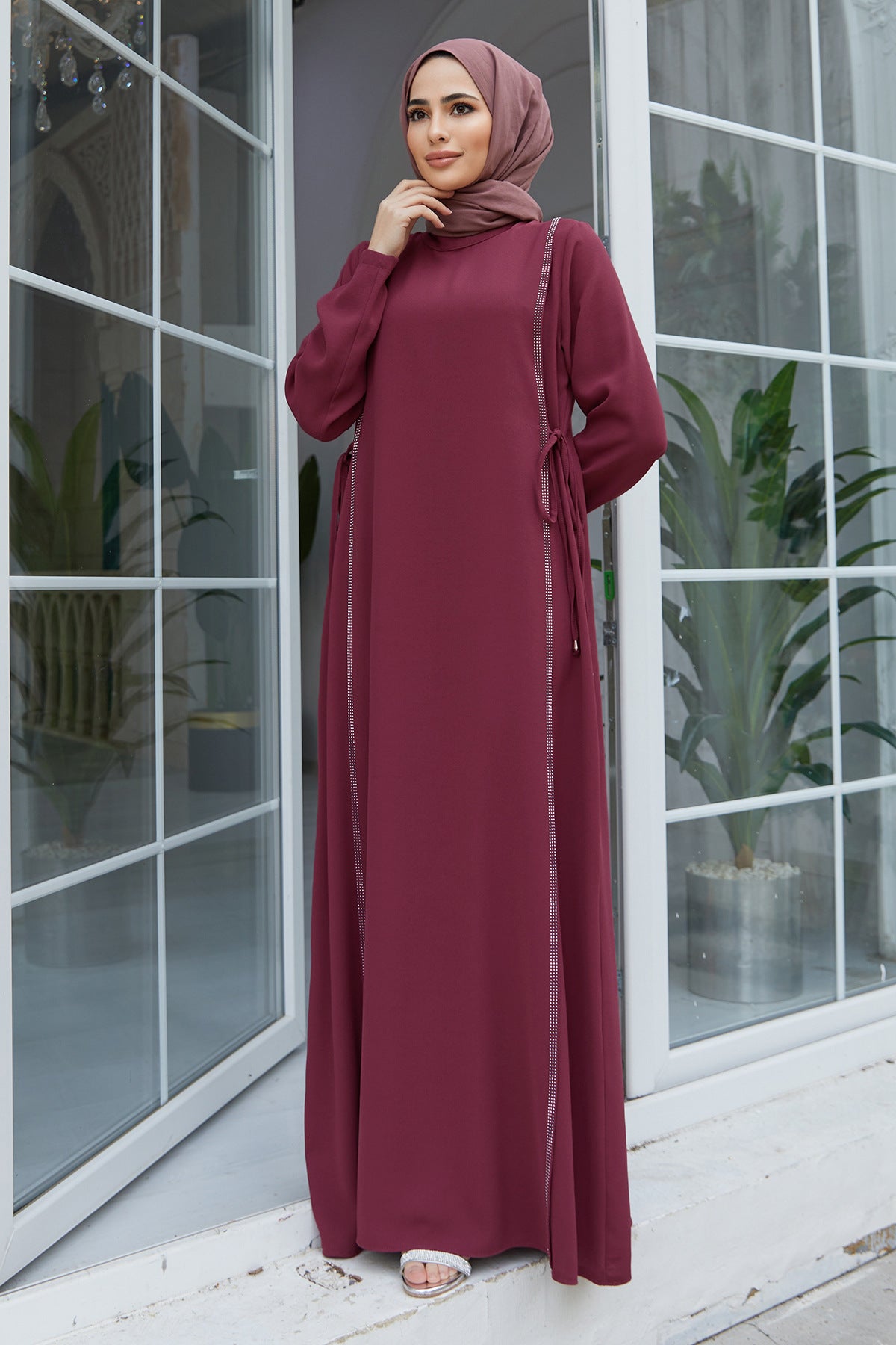 Women Casual Solid Color Rhinestone Abaya Long Sleeve Maxi Dress