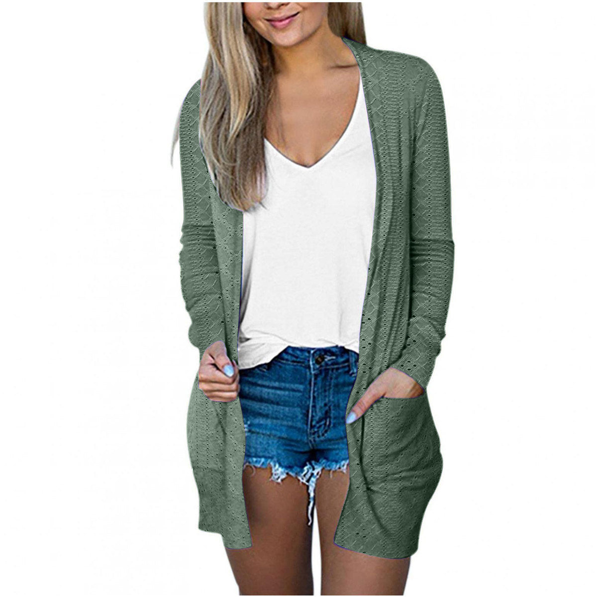 Abrigo informal holgado de manga larga con bolsillos en color liso para mujer