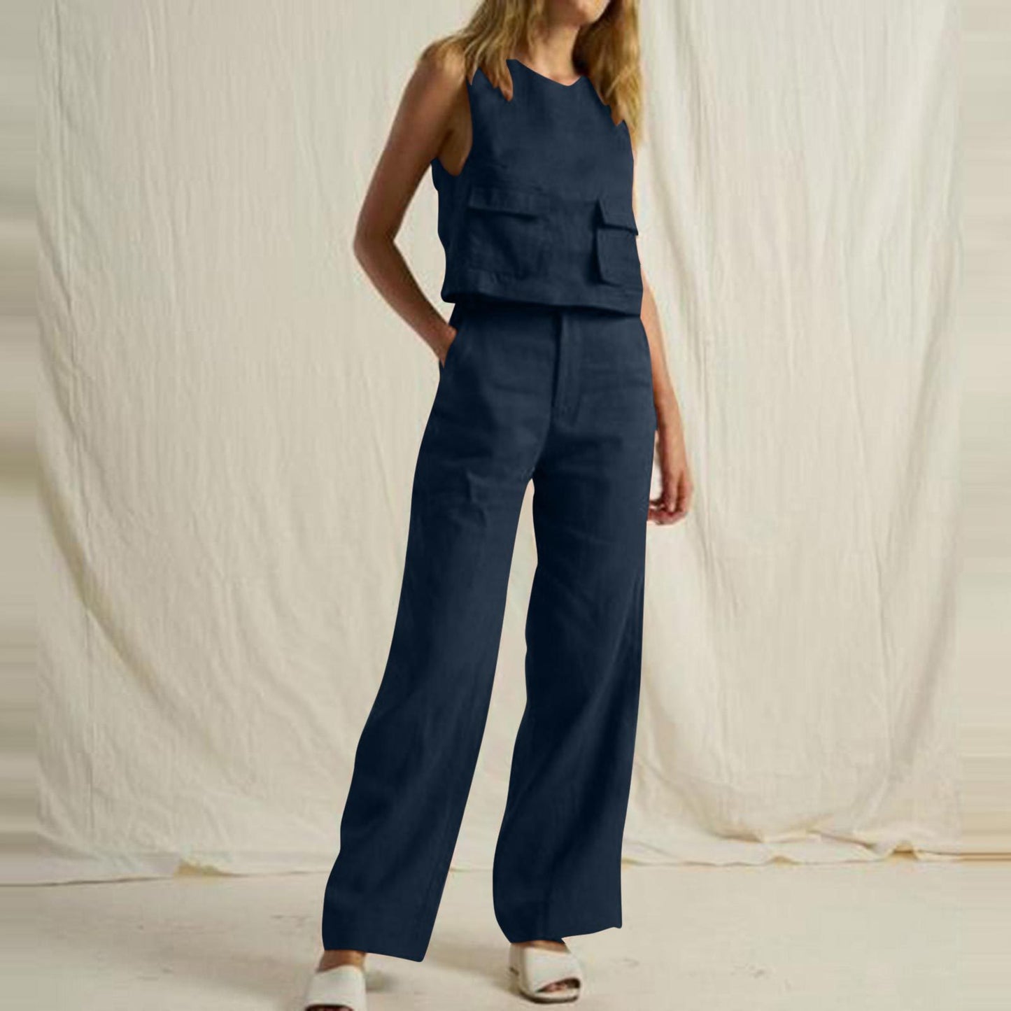 Conjunto de dos piezas informal de moda para mujer, sencillo, de color sólido, sin mangas, con bolsillos y pantalones