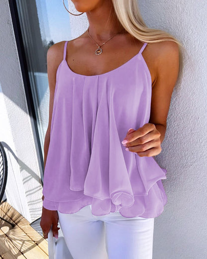 Women Fashion Casual Loose Chiffon Solid Color Spaghetti Strap Tank Top