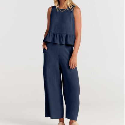 Conjunto de pantalón holgado sin mangas con volantes informales de color liso para mujer