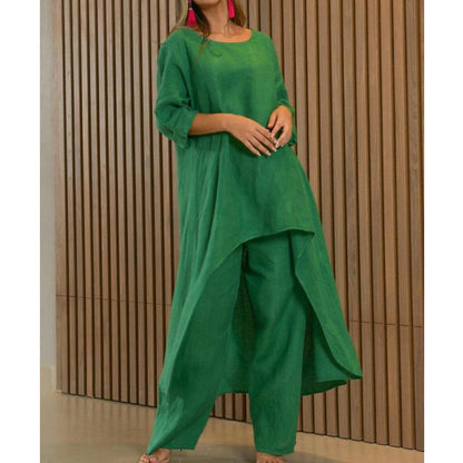 Conjunto de top y pantalones anchos de manga larga irregulares de algodón y lino de color liso informal para mujer