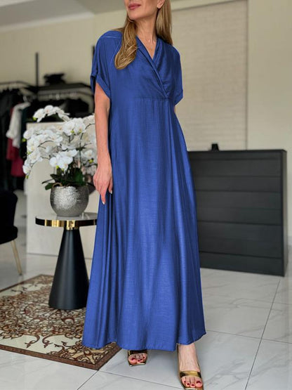 Women Casual Loose Solid Color V-Neck Short Sleeve Dress