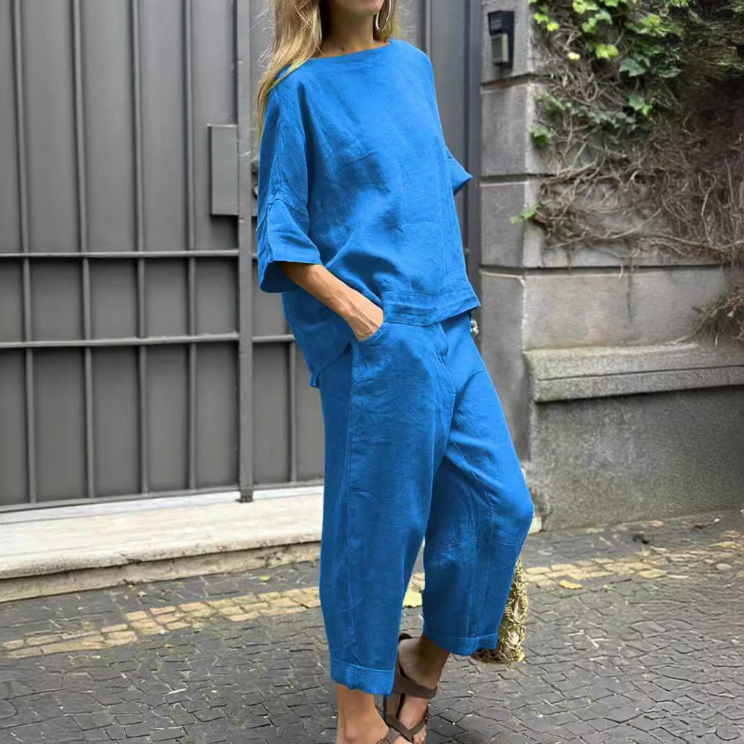 Conjunto de dos piezas de camisa y pantalón holgados de color liso para mujer