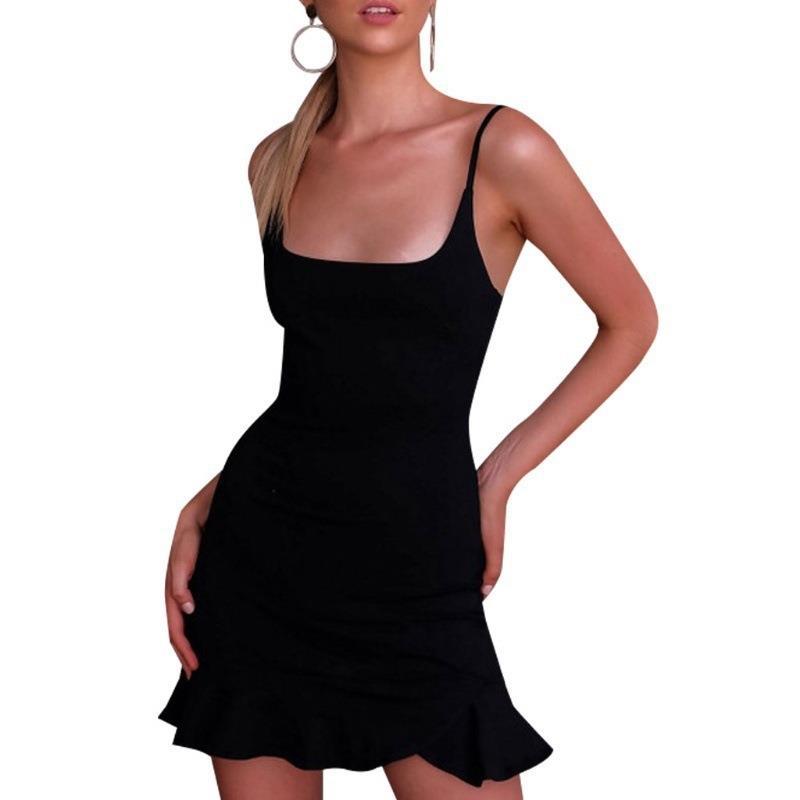 Women Casual Sexy Summer Vacation Solid Color Ruffled Square Neck Strap Dress