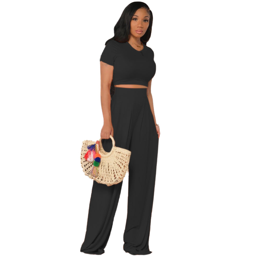 Conjunto de dos piezas de top corto y pantalón de color liso, manga corta, color naranja, informal y vanguardista para mujer