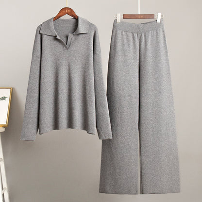Conjunto de dos piezas de camiseta y pantalones de manga larga de punto con cuello polo informal para mujer