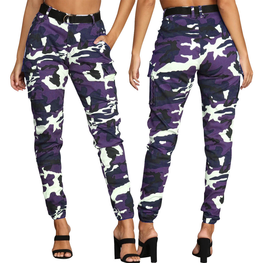 Women Casual Street Plus Size High-Waist Multi-Pocket Camouflage Cargo Pants