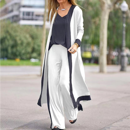 Conjunto de tres piezas para mujer: chaleco sin mangas de color liso y cárdigan informal de manga larga con chaqueta y pantalón