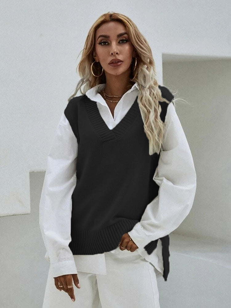 Women Casual V Neck Solid Color Knitted Tank Top