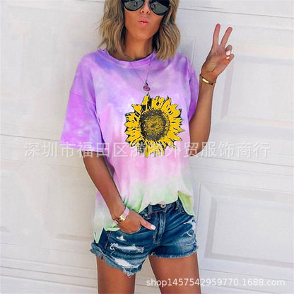 Camiseta informal holgada con cuello redondo y estampado degradado tie-dye para mujer