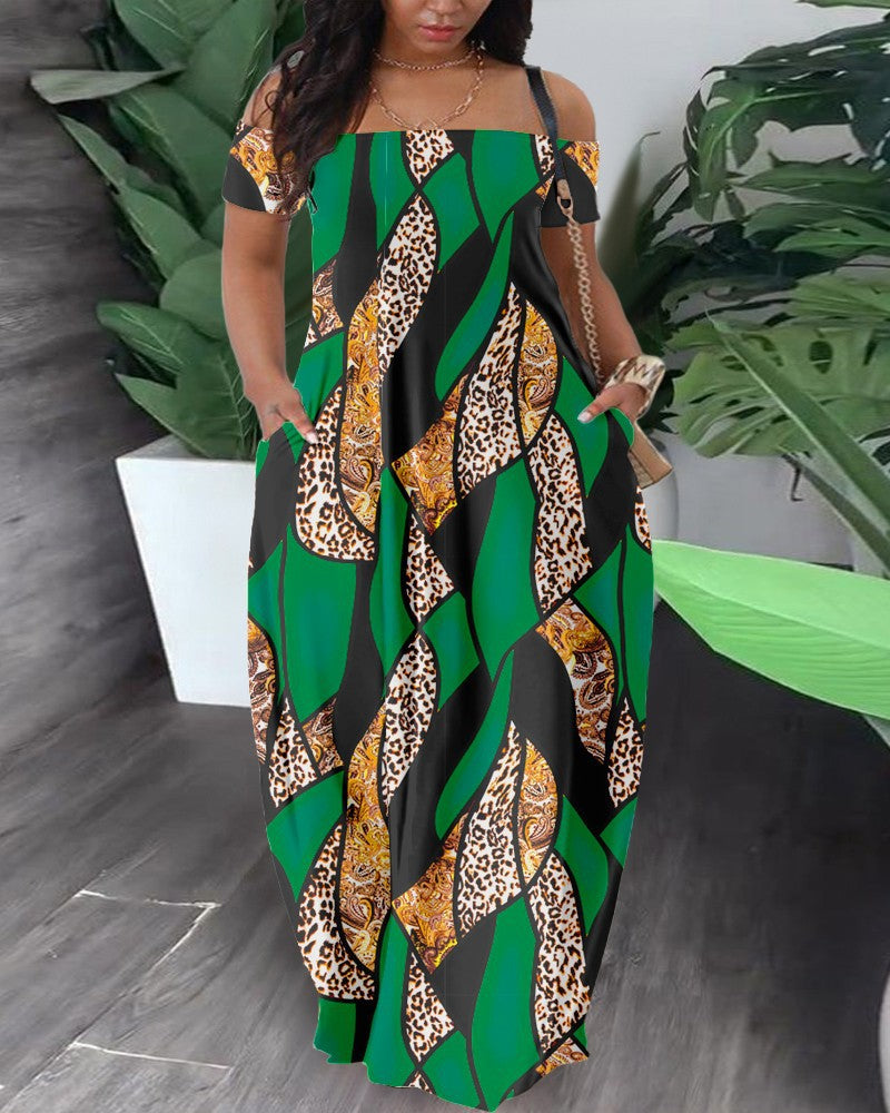 Women Casual Fashion Short Sleeve Off-Shoulder Graphic Printed Maxi Dress