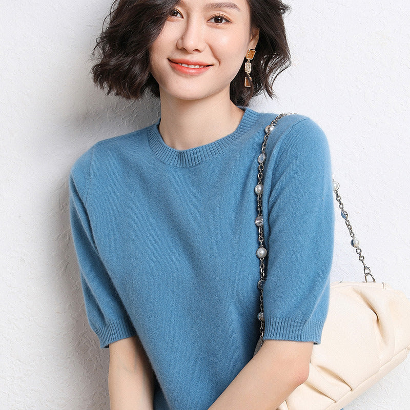 Spring And Summer Women Solid Color Casual Versatile Knitted Short-Sleeved Round Neck Knitwear Sweater