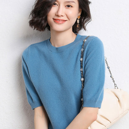 Spring And Summer Women Solid Color Casual Versatile Knitted Short-Sleeved Round Neck Knitwear Sweater