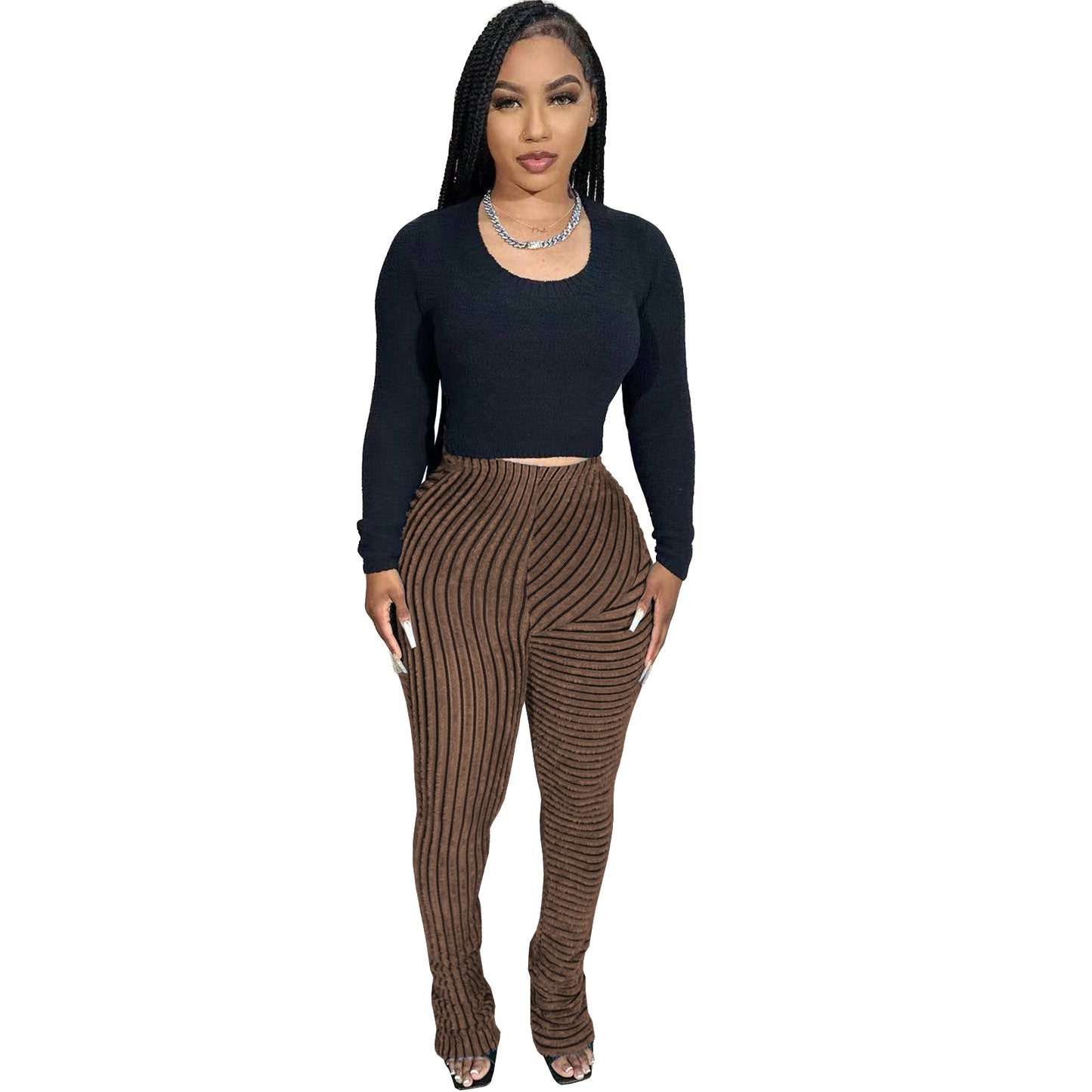 Women Plush Stripe Texture Breathable Large Elastic Fashion Casual Slim-Fit Pants