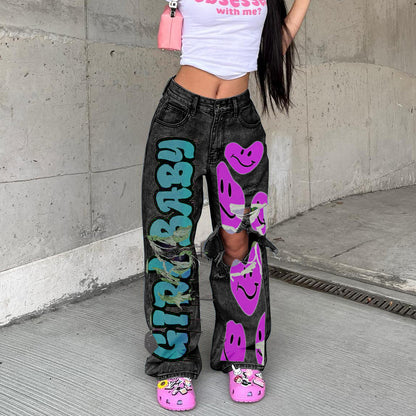 Vaqueros casuales con recortes y grafiti para mujer