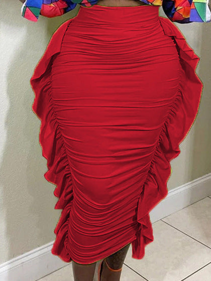 Women Fashion Casual Solid Color Skinny Ruffle Skirt
