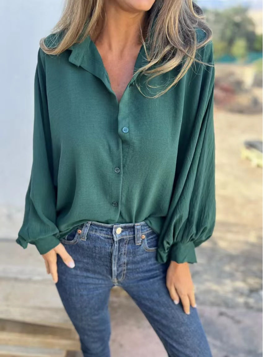 Blusa informal de manga larga con botones y estampado de flores de color liso para mujer