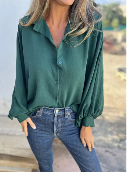 Blusa informal de manga larga con botones y estampado de flores de color liso para mujer