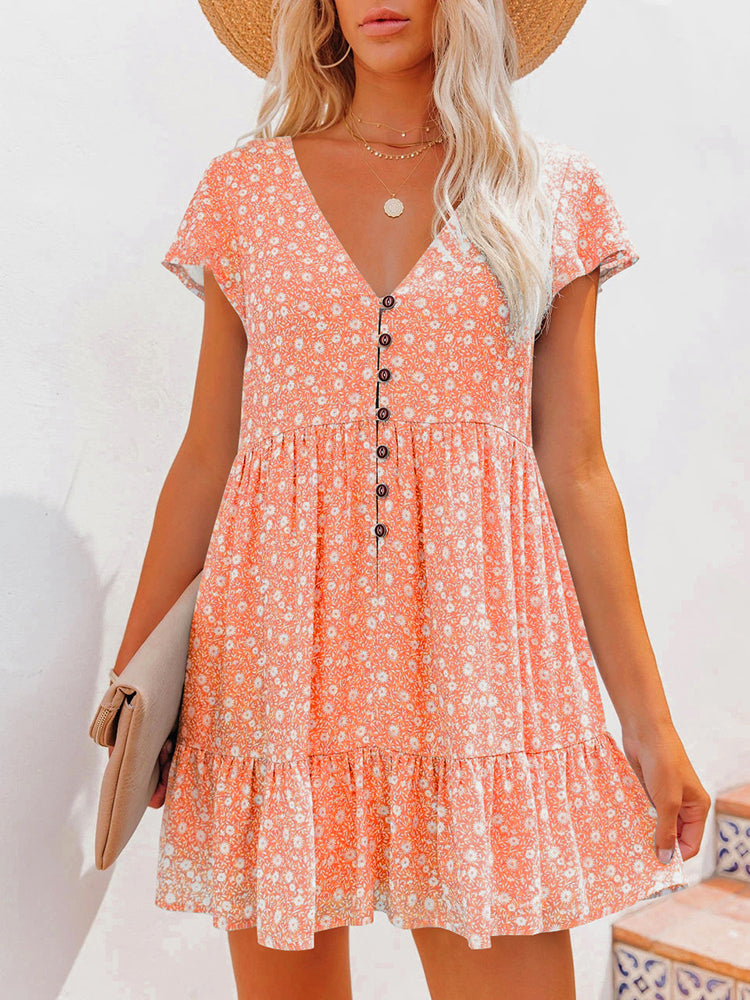 Vestido corto informal de gasa holgado con volantes y cuello en V, estampado floral bohemio de verano para mujer, manga corta