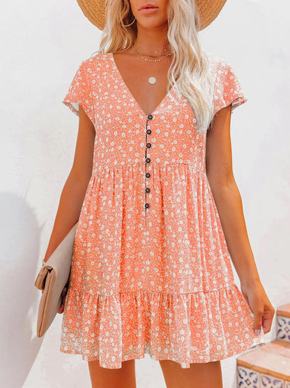 Vestido corto informal de gasa holgado con volantes y cuello en V, estampado floral bohemio de verano para mujer, manga corta