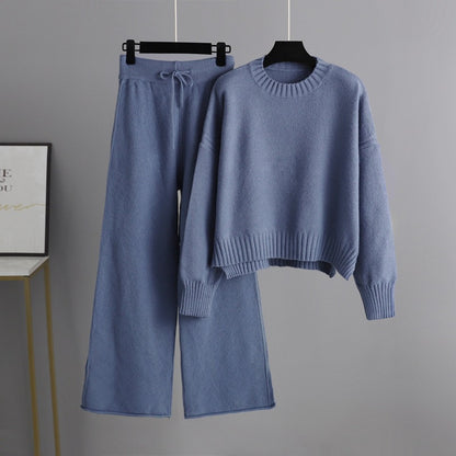 Autumn Winter Women Fashion Casual Knitted Sweater Wide Leg Pants Two-Piece Set