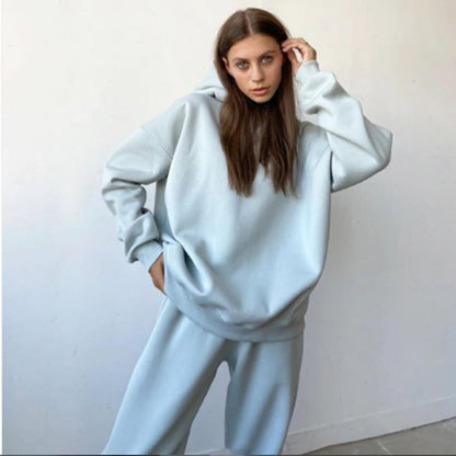 Conjunto deportivo básico informal de otoño para mujer, de manga larga, color liso, con capucha y pantalones de chándal
