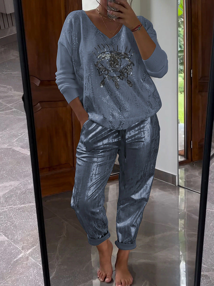 Conjunto de top y pantalón bronceador con efecto ojo malvado para mujer, informal, a la moda, brillante