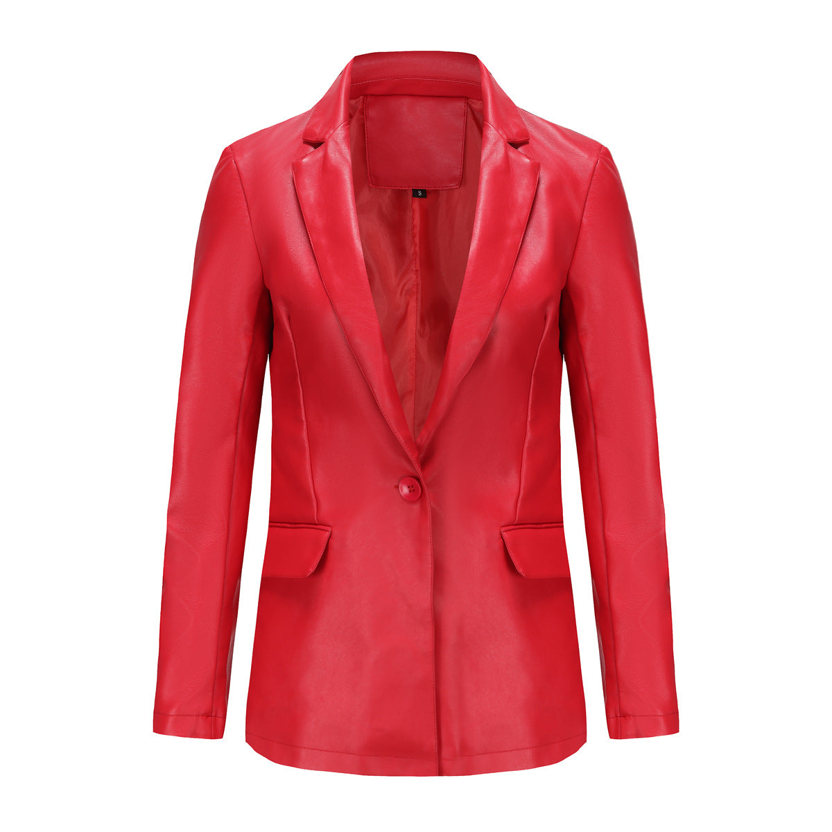 Chaqueta blazer informal de PU de manga larga con solapa de color sólido para mujer